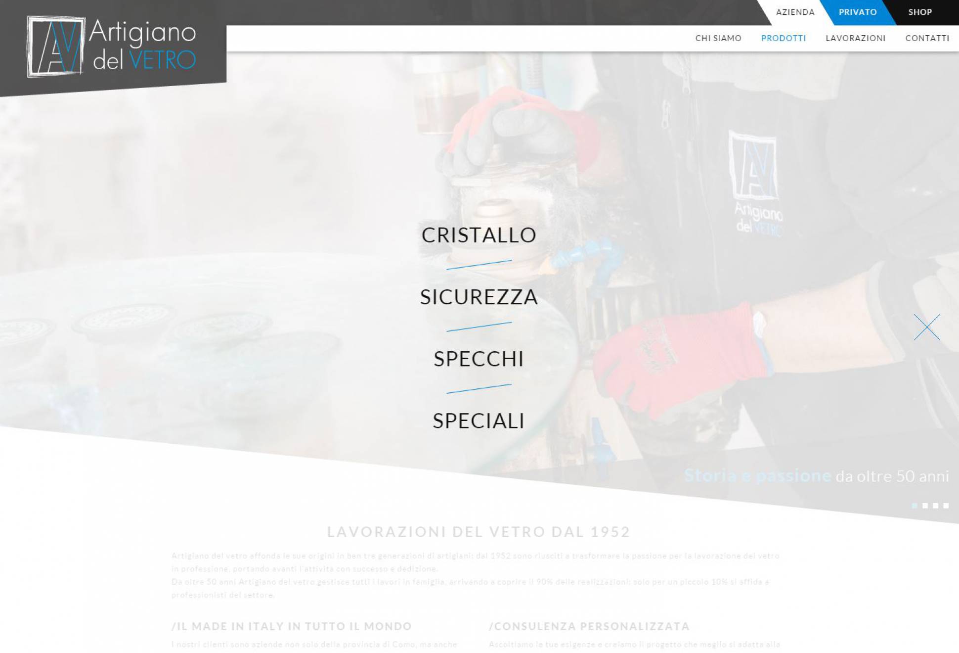 Sottomenu schermo intero Artigiano del Vetro sito internet responsive NewVisibility web agency Como