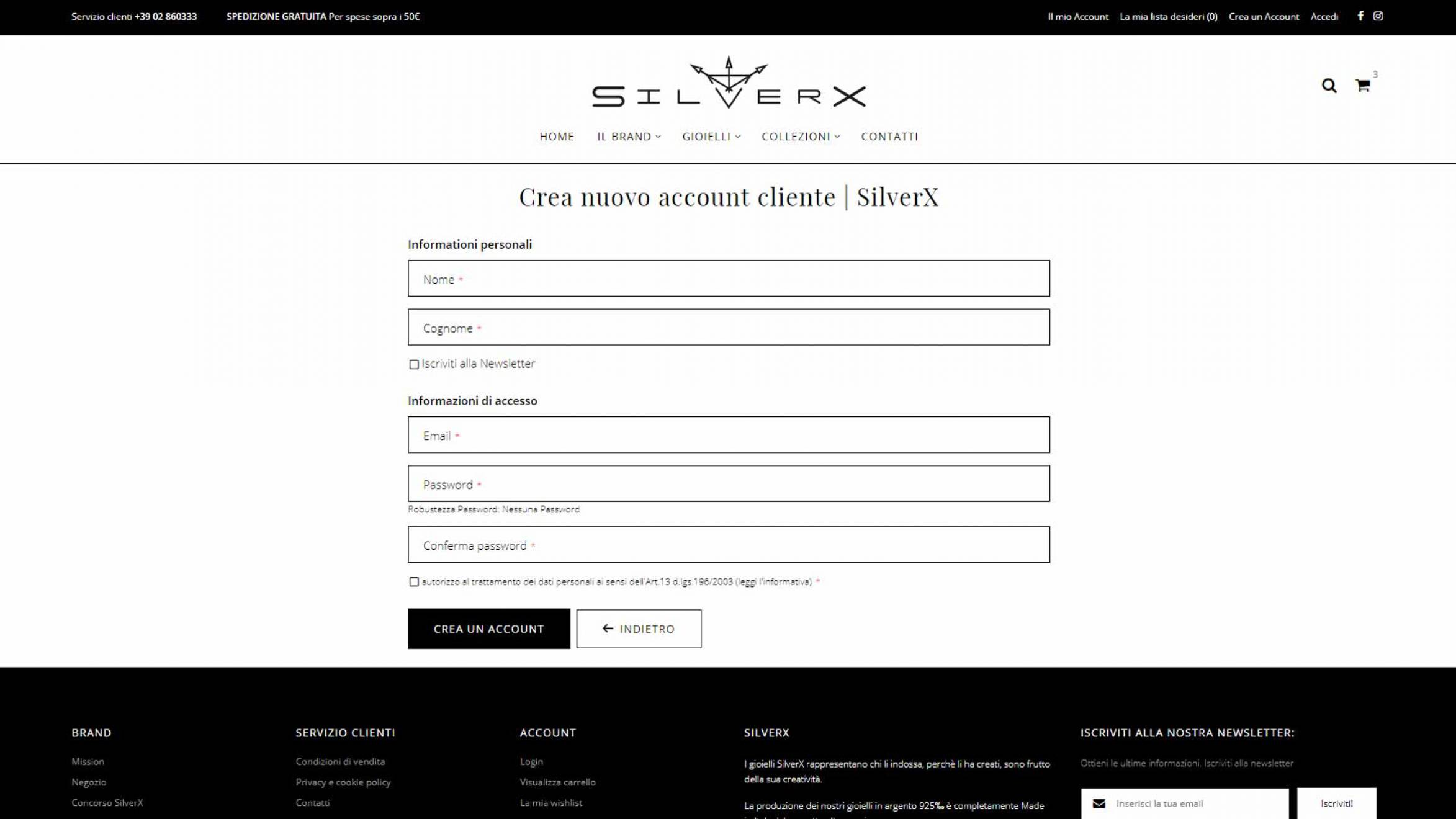 Pagina creazione nuovo account SilverX