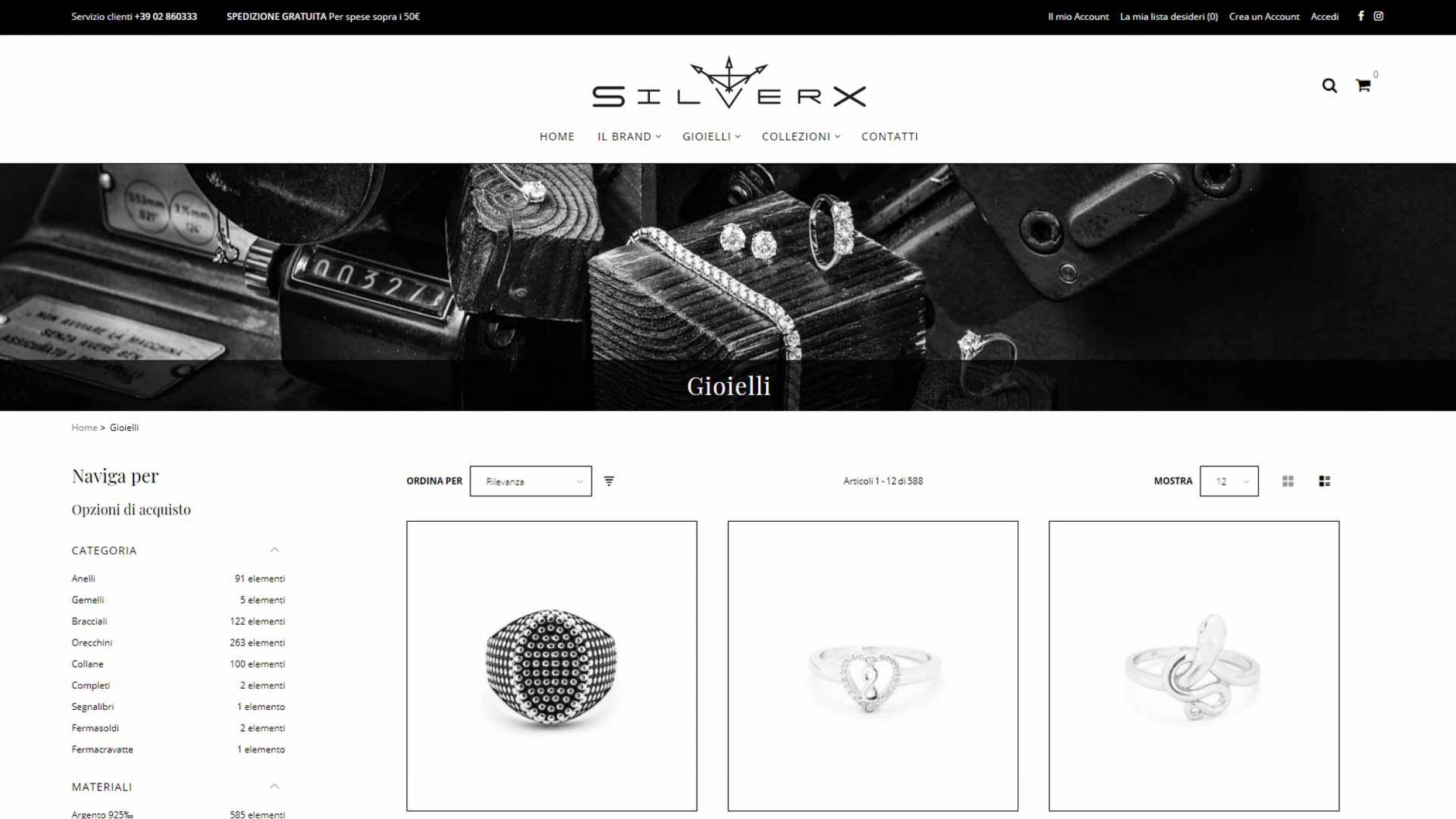 Pagina prodotti e-commerce Silverx